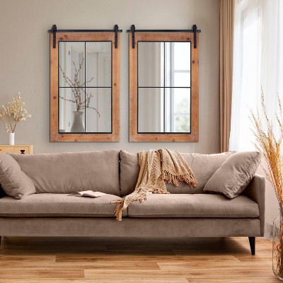 Rustic Brown Wood Windowpane Framed Wall Mirror