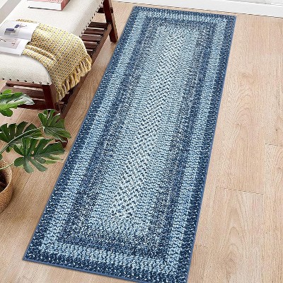 Grey/Blue Washable Runner Rug, Non-Slip Modern Hallway Carpet, Stain Resistant Low Pile Mat for Living Room, Bedroom, Kitchen