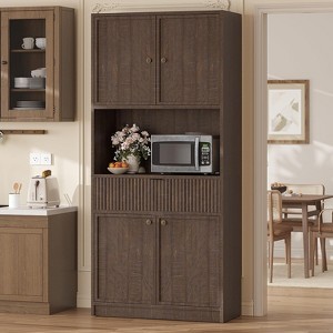 70" Tall Pantry Cabinet with Countertop, Fluted Storage Hutch with Microwave Shelf & Drawer for Kitchen, Dining Room Organization - 1 of 4