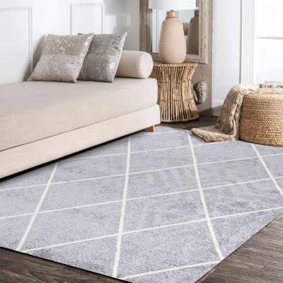 Gray and White Diamond Trellis Synthetic Runner Rug