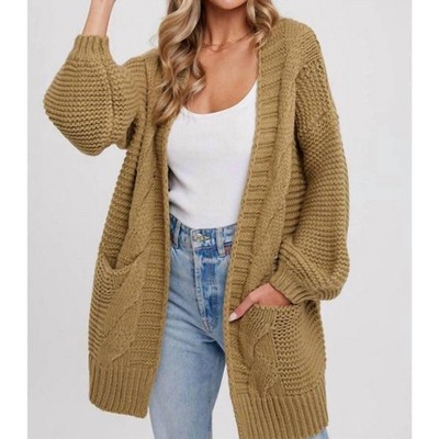 Women's Chunky Cable Sleeve Lantern Cardigan - BluIvy