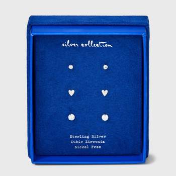 Sterling Silver Cubic Zirconia Opal Heart Stud Earring Set 3pc - A New Day™ Silver