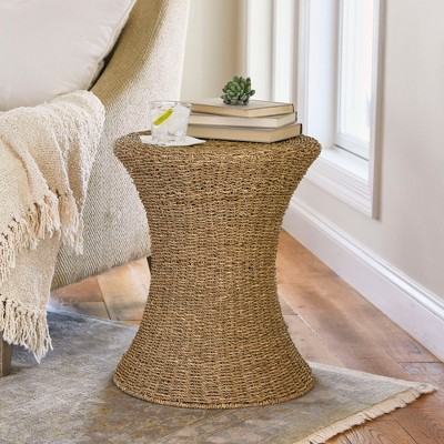Handwoven Natural Seagrass Hourglass Wicker Stool, 18" Round