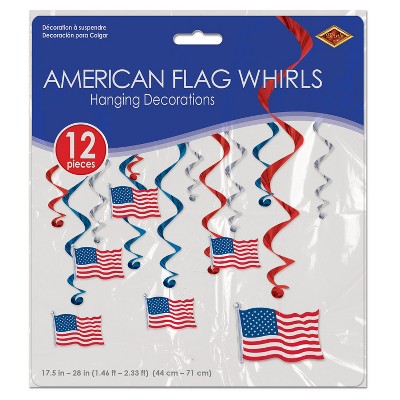 Patriotic Red, Blue, Silver American Flag Hanging Swirls, 17.5"-28"