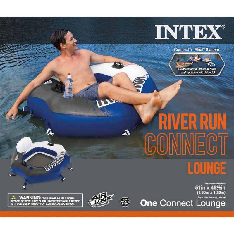 Intex River Run Single Person Inflatable Connecting Floating Lounge Tube Backrest Chair with Built-In Cupholders and Mesh Bottom, Blue, 6 of 8