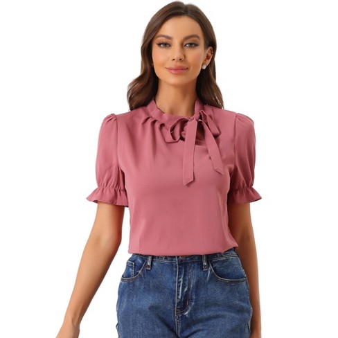 Allegra K Women's Tie Ruffle V Neck Puff Sleeve Casual Blouse