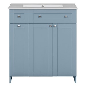 Vynxaria 30" Blue Bathroom Vanity with Ceramic Sink, Abundant Storage, 2 Soft-Close Doors & Double-Tier Drawer - 1 of 4