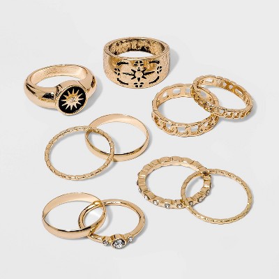 Signet with Starburst and Frozen Chain Ring Set 10pc - Wild Fable™ Gold