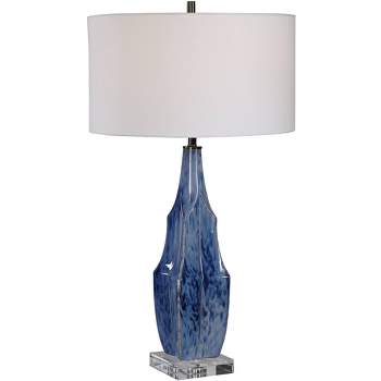 Uttermost Traditional Table Lamp 31" Tall Indigo Blue Glaze Ceramic White Linen Drum Shade for Living Room Bedroom House Bedside
