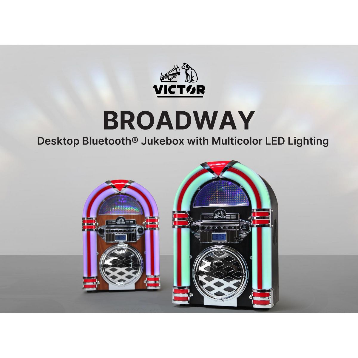 Victor Retro Bluetooth Jukebox with CD Player & FM Radio | 15-Inch 1950s Diner Style Tabletop Speaker, Color-Changing LED Lights, 33ft Wireless