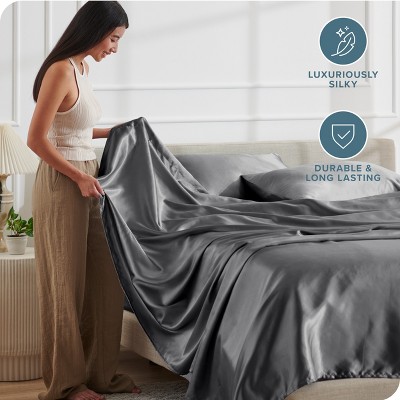 Queen Gray Satin Deep Pocket Sheet Set