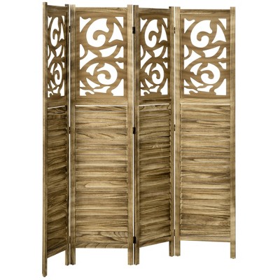 Medium Brown Wood 5.5' Folding 4-Panel Room Divider with Baroque Print