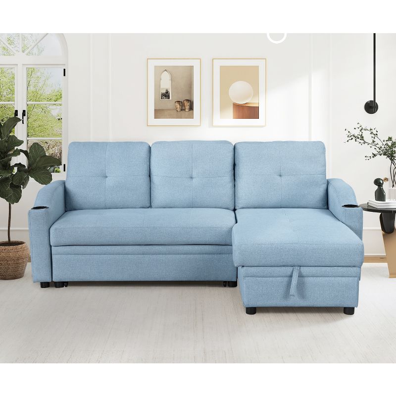 80.3" Modern Pull Out Convertible Sleeper Sofa Bed, Upholstered 3 Seater Couch with Storage Chaise and Cup Holder-ModernLuxe, 2 of 14