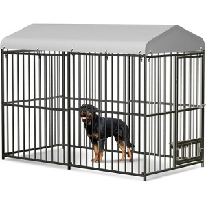Outdoor Dog Kennel, Heavy-Duty Metal Dog Cage with Rotating Feeding Bowl, Waterproof Roof & Lockable Door, Weatherproof Indoor/Outdoor Use - 1 of 4