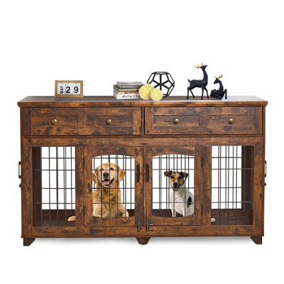 58 Inch Dog Crate Furniture – 2 Room Indoor Kennel with Large Drawers, Durable Pet House
