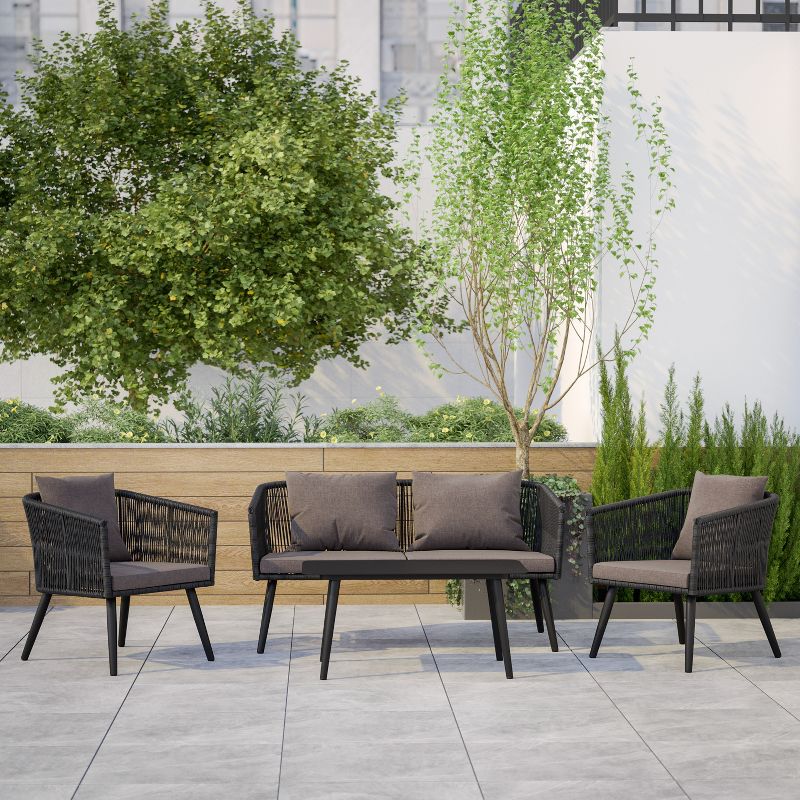 Emma and Oliver Black & Gray Woven All-Weather Four-Piece Conversation Set with Cushions & Metal Coffee Table for Porch, Backyard and Patio, 3 of 16