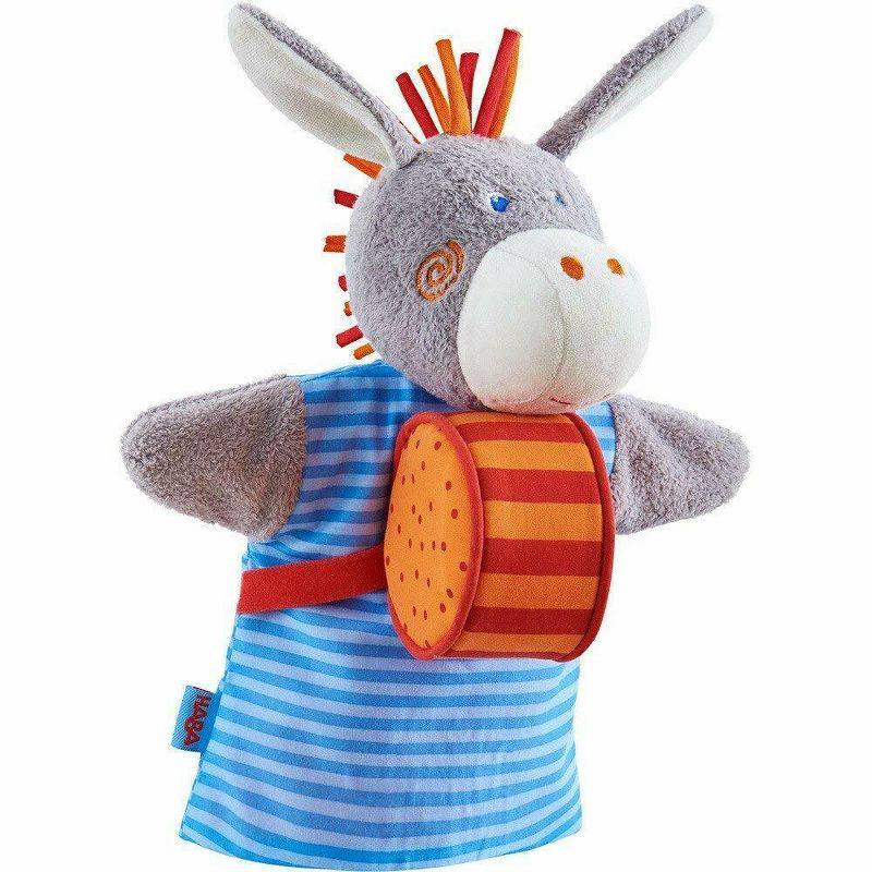 HABA Donkey Musical Glove Puppet with Rattling Drum, 1 of 3