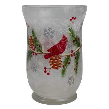 Northlight 4" Hand Painted Christmas Cardinal and Pine Flameless Glass Candle Holder