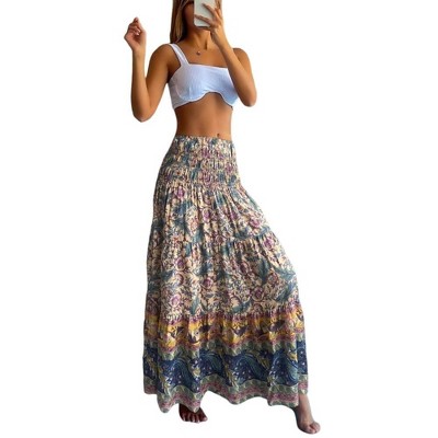 Women's Summer Boho Long Skirts Flowy High Waist A Line Maxi Skirts for Women Summer Pleated Floral Skirts Beach Skirts