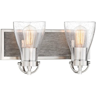 Minka Lavery Industrial Wall Light Sconce Nickel Shale Wood Hardwired 15 1/2" 2-Light Fixture Clear Seeded Glass Shade for Bedroom