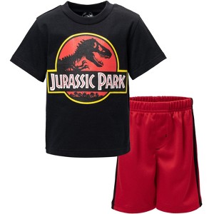 Jurassic Park Athletic Graphic T-Shirt Mesh Shorts Outfit Set Logo Black / Red - 1 of 4