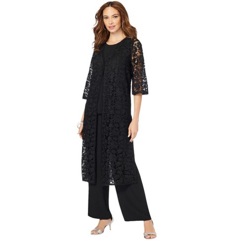 Roaman's Women's Plus Size Petite Three-piece Lace Duster & Pant Suit, 38 W  - Black : Target