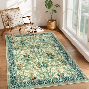 2x6 FT Modern Washable Area Rug, Floral Throw Carpet with Non Slip Backing, Low Pile Stain Resistant Floor Cover for Living Room, Beige - 1 of 4