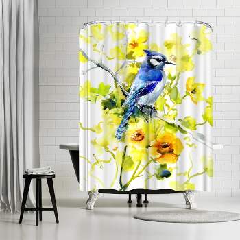 Americanflat 71" x 74" Shower Curtain, Blue Jay And Yellow Flowers by Suren Nersisyan