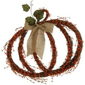 Raz Imports 25" Brown and Orange Twig Pumpkin with Burlap Bow Autumn Wall Decoration - 1 of 1