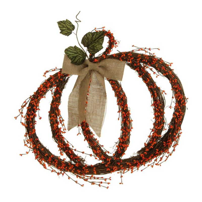 Raz Imports 25" Brown and Orange Twig Pumpkin with Burlap Bow Autumn Wall Decoration, 1 of 2