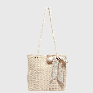 Anna-Kaci Women's Straw Woven Tote Bag with Bow Accent - Lightweight Summer Casual Shoulder Bag - 1 of 4