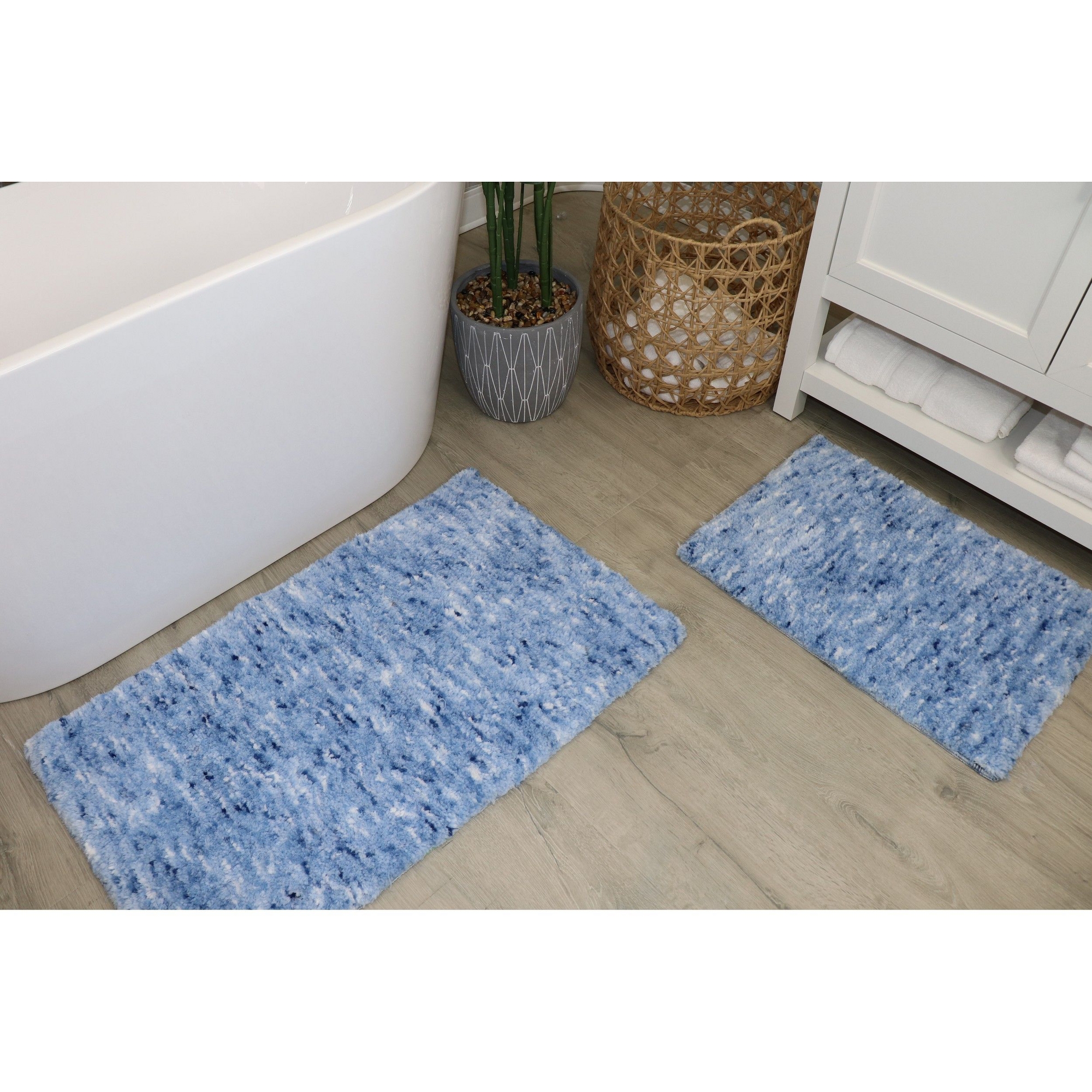 Cloud Comfort Polyester Microfiber Bath Rug Set, Non Slip Bath Mat Water Absorbent Soft Shaggy Mat Machine Washable, Plush Rugs - 2 Piece Set, Blue