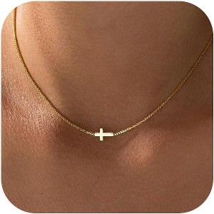 14K Gold Silver Cross Necklace Dainty Choker Non Tarnish Faith Jewelry - 1 of 4