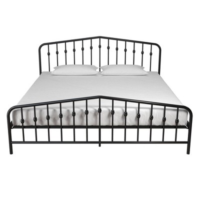 King-Sized Black Pine and Metal Upholstered Bed with Storage Drawer