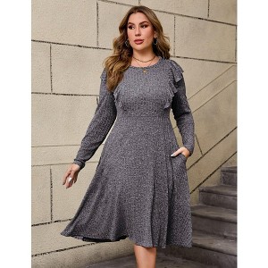 Women's Plus Size Fall Dresses Crew Neck Midi Sweater Dress Long Sleeve Casual Dress Ruffle Slim Knit Dress - 1 of 4