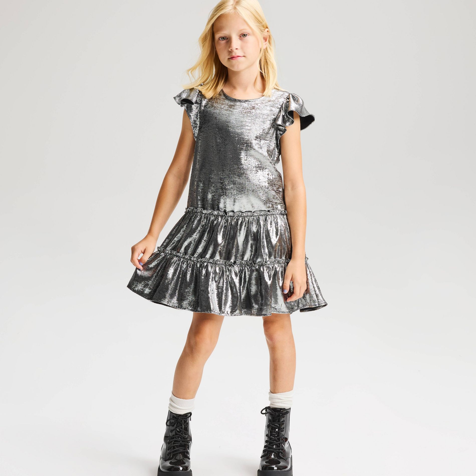 Girls' Mini Flutter Sleeve Metallic Dress - Cat & Jack™ Silver