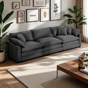 3-Seater Corduroy Mid-Century Sofa with Arm & Throw Pillows - 1 of 4