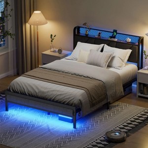 Full Bed Frame with Upholstered Storage Headboard, Metal Platform Bed Station with Charging Station & LED, Noise-Free. No Box Spring Needed - 1 of 3