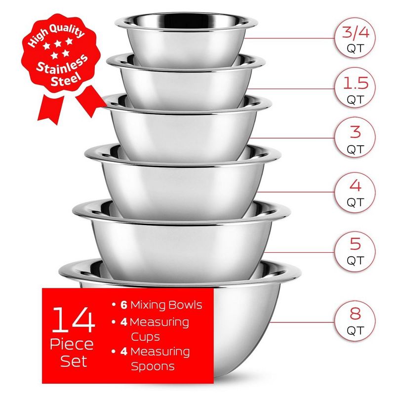JoyTable Premium Stainless Steel 14 Piece Mixing Bowl Set With Measuring Cups And Measuring Spoons, 3 of 9