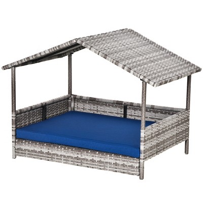 Medium Dark Blue Rattan Elevated Outdoor Dog Bed with Canopy