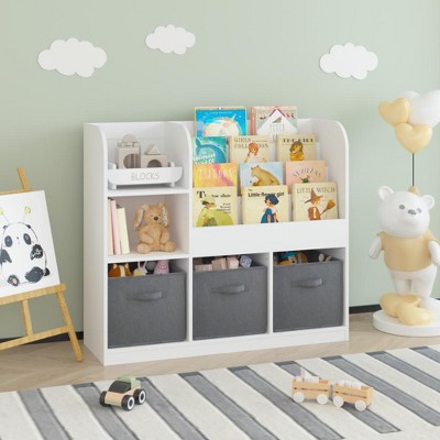 Runesay Kids Bookcase and Bookshelf, Multifunctional Bookcase with 3 Collapsible Fabric Drawers