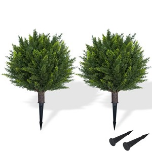 2 Pack 24" Artificial Cedar Topiary Ball Trees, UV Resistant Faux Outdoor Plants with Ground Spike for Porch, Garden & Yard Decor - 1 of 4