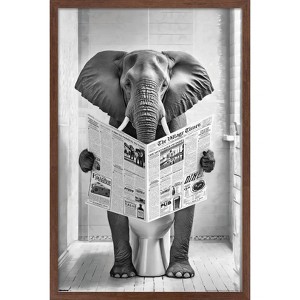 Trends International Reinders: Toilet Humor - Elephant Toilet Framed Wall Poster Prints Mahogany Framed Version 14.725" x 22.375" - 1 of 4