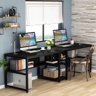 Black Double Workstation Desk with Shelves for Two