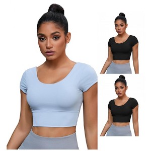 INSPIRE CHIC 3 Packs Women's U Neck Short Sleeve Deep V Back Shapewear Workout Tank Tops with Bulit in Bra - 1 of 4