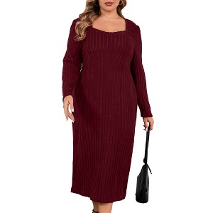 Clearlove Women's Plus Size Sweater Dress Long Sleeve Dress Sweet Heart Neck Fall Winter Long Dresses - 1 of 4