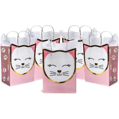 Sparkle and Bash 35 Pack Cat Gift Bags with Tissue Paper for Kids Birthday, Pink (8 x 10 x 4.7 in)