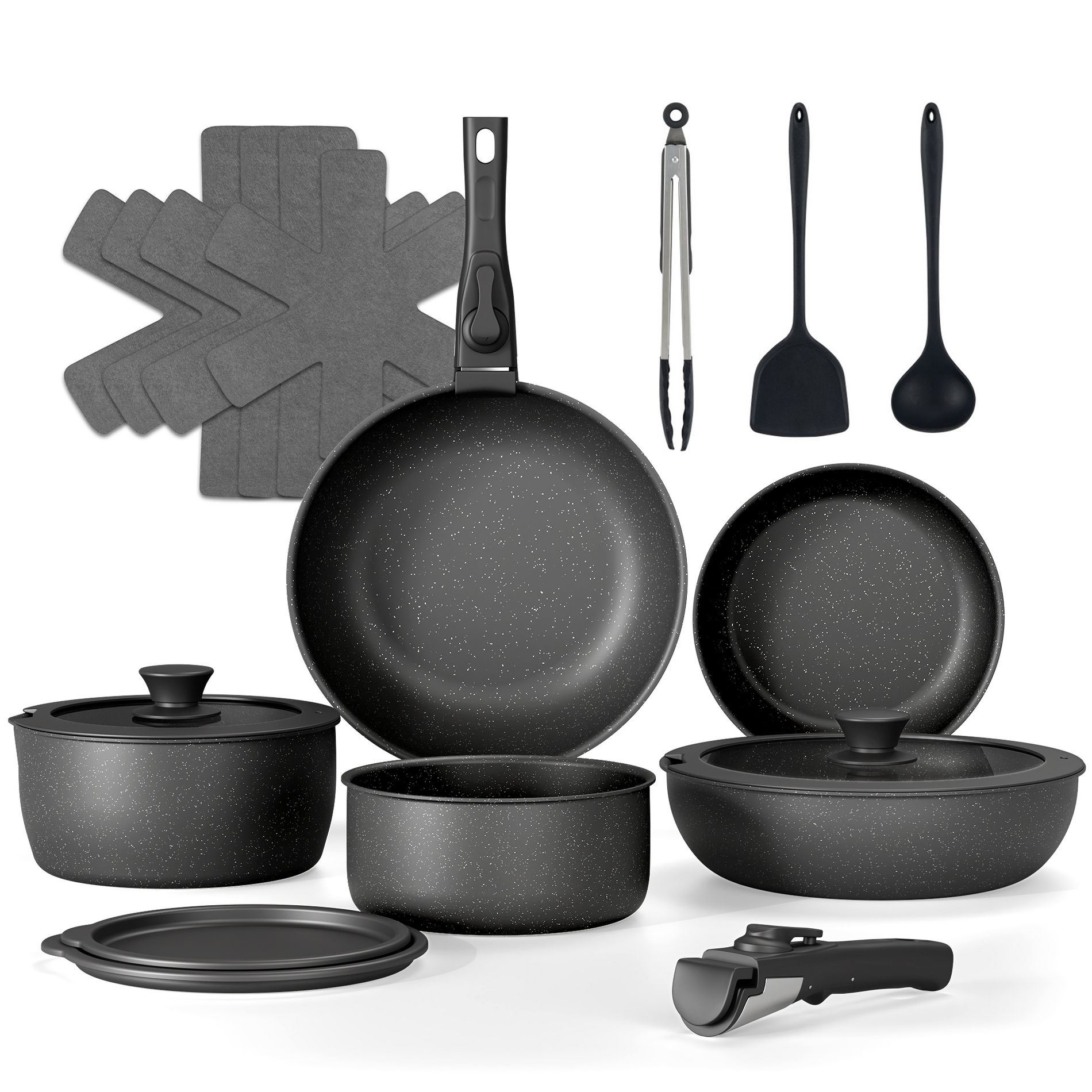 SUGIFT 18-Piece Ceramic Nonstick Cookware Set with Detachable Handles – Space-Saving & Oven Safe