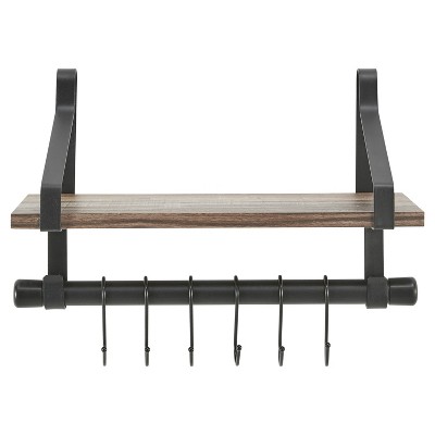 6 Hook Amelia Wall Shelf with Hanging Rod Black Rustic Danya B