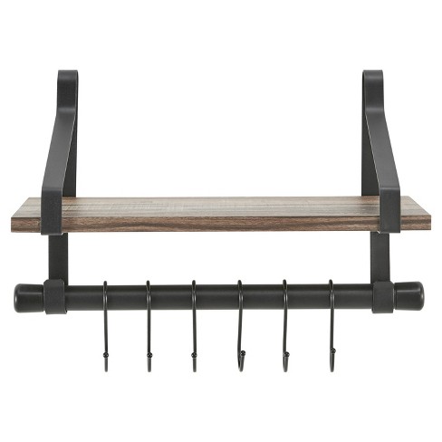 6 Hook Amelia Wall Shelf with Hanging Rod Black/Rustic - Danya B.